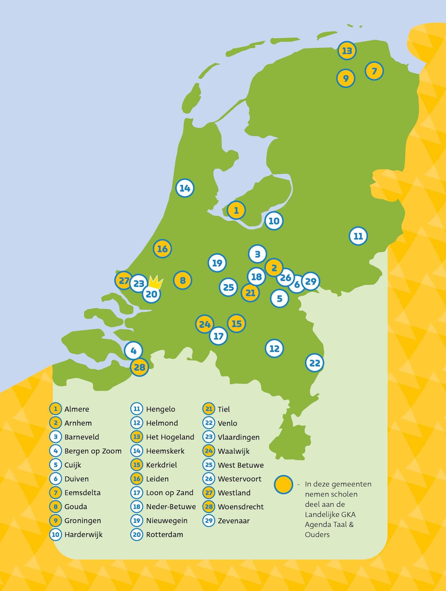Groene kaart van Nederland met 29  thuis in taal locaties 